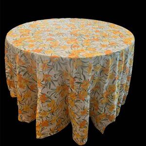 Vintage JC Penney Yellow/Orange Flowered Round Tablecloth